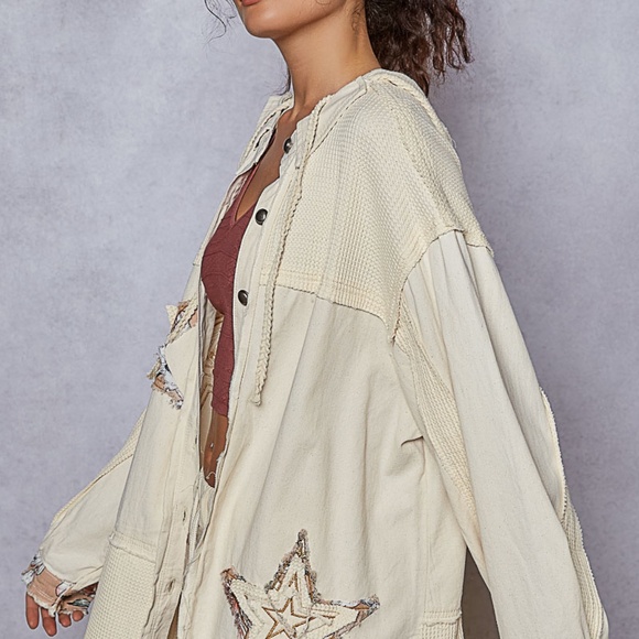 New POL Shacket Shirt Placket Hoodie Button Down Relaxed Fit 100% Cotton Stars ! - Picture 12 of 16